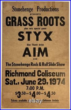 Grass Roots STYX Aim 1974 Original Boxing Style Concert Poster Richmond VA