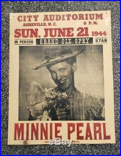 Original 1944 Minnie Pearl Ashville NC Hatch Concert Poster Grand Ole Opry Star