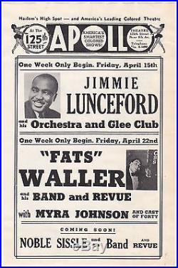 Original FATS WALLER JIMMIE LUNCEFORD 1938 Apollo Theatre Concert Handbill Flyer
