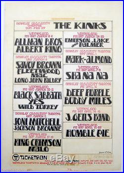The Kinks Allman Bros Sabbath Orig. SIGNED 1972 Concert Poster Art by R. Tuten
